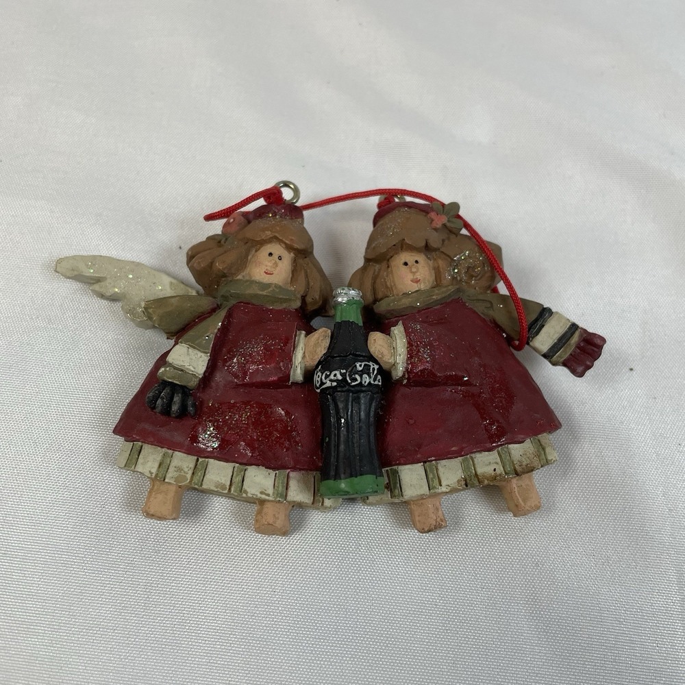 Vintage 1999 Coca-Cola Christmas Ornament Two Angels with Coke Bottle Resin Red